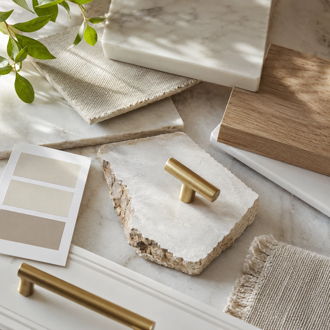 Diseño de interiores material samples with stone, linen, brass, and natural texture