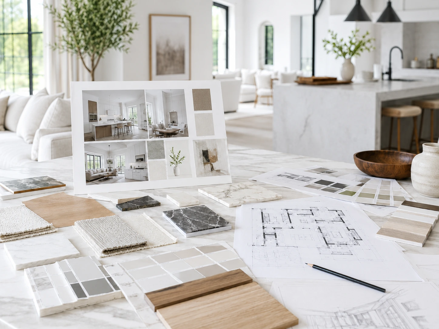 Bright concept diseño presentation with material samples, floor plans, and refined interior direction
