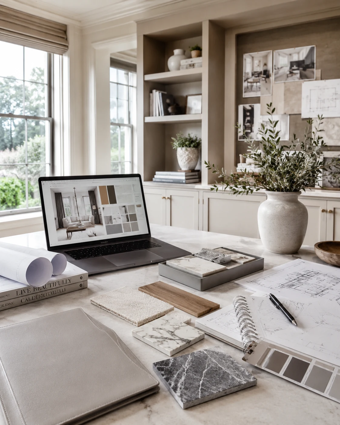 Diseño de interiores consultation with plans, materiales, and coffee on a wooden table