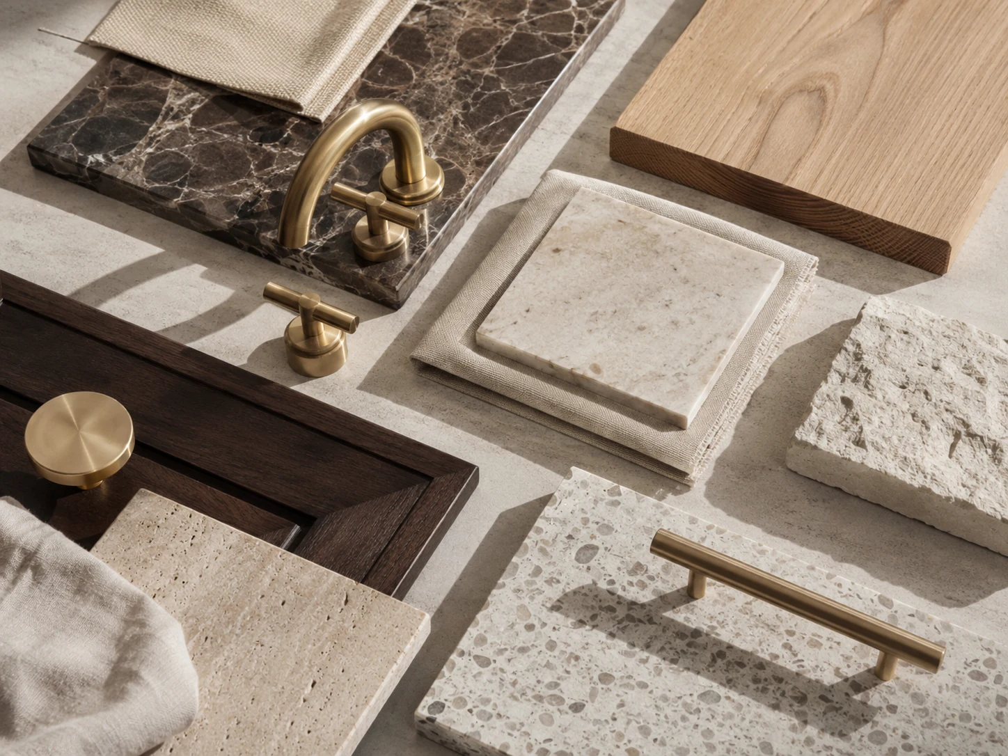 Diseño de interiores sourcing materiales with brass, wood, marble, and textile samples